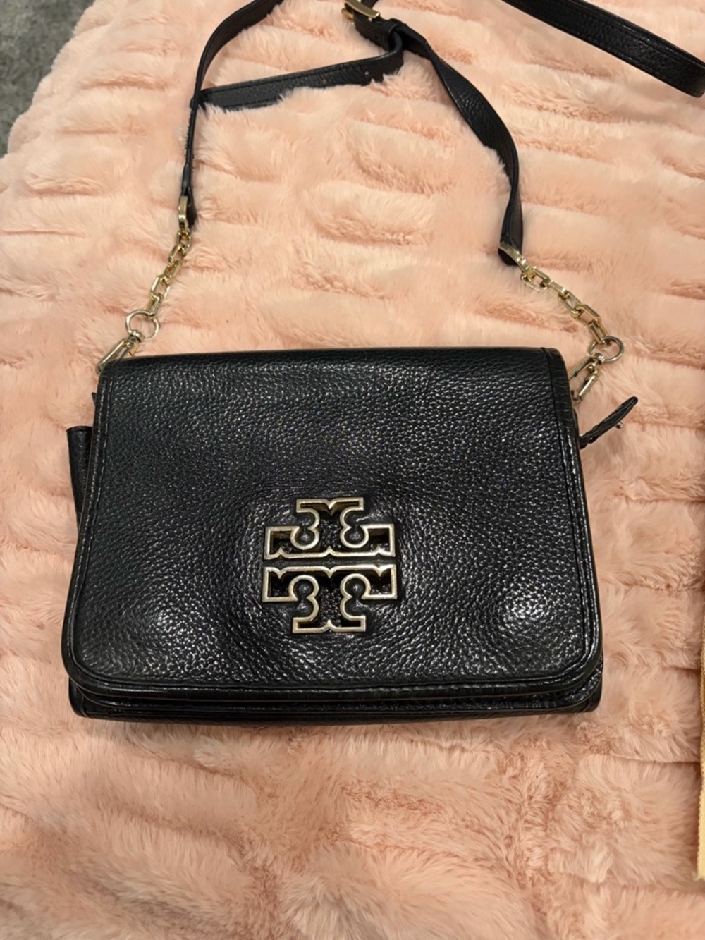Tory Burch Black Leather Crossbody Bag Double Zip Gold Logo